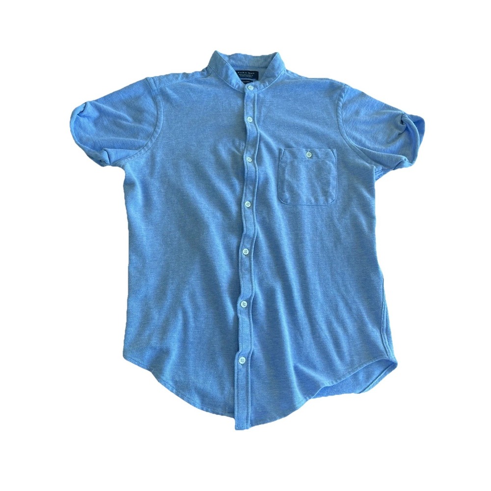 ZARA MAN Blue Shirt Short Sleeve Size Small S Made In Portugal Slim Fit - Picture 1 of 8